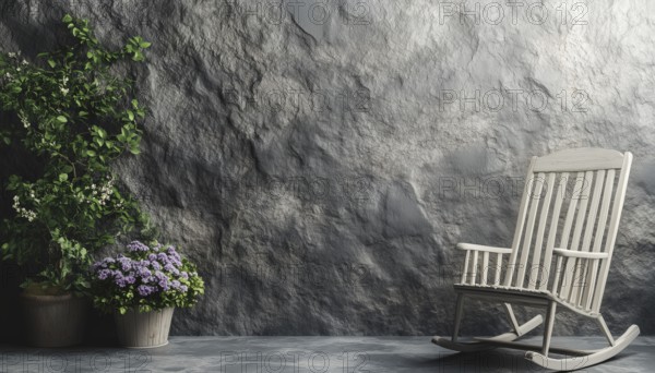 Gray Stone Wall With Niche, Rocking Chair, And Flower Detail: Perfect Home Decoration For A Cozy And Elegant Atmosphere, AI generated