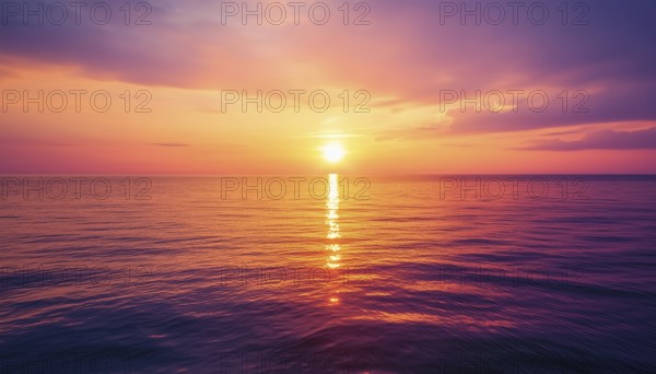 Tranquil Sunset: Inspiring Ocean Horizon With Orange, Gold, And Purple Skies Reflecting On Calm Waters. Summer Serenity And Wide Seascape, AI generated