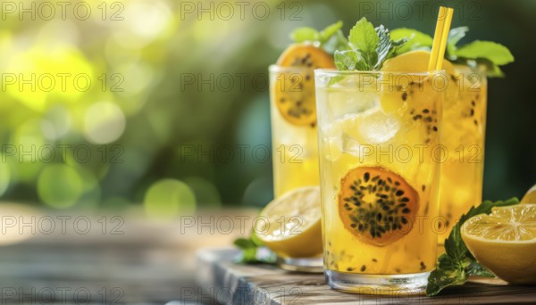 Refreshing Summer Passion Fruit Cocktail: A Cold, Healthy Lemonade Drink For Sunny Days With Sparkling Water And Lemon, AI generated