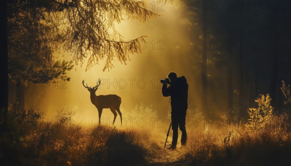 Man Photographs Deer In Forest With Silhouettes Of Trees, Animals, And Wild Landscape.Horizontal Capture Of Natural Beauty, AI generated