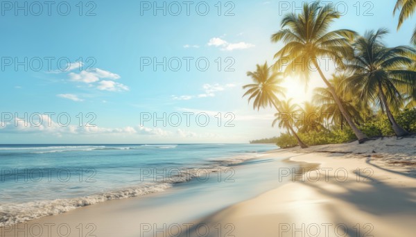 Tranquil Summer Getaway: Stunning Sun-Kissed Panoramic Beach Paradise With Palm Trees, Calm Seas, And Exotic Nature Views, AI generated