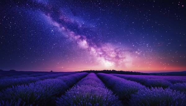 Stunning Night Landscape: Milky Way Sky Over Blooming Lavender Meadow, Captivating Spring And Summer Scenery, Inspirational Nature And Skyscape View, AI generated