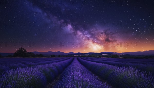 Stunning Night Landscape With Milky Way Sky Over Blooming Lavender Meadow: Artistic Spring Summer Scenery And Inspirational Nature Landscape View, AI generated