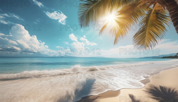 Tranquil Summer Vacation In An Exotic Tropical Paradise: Stunning Panoramic Sun Beach Landscape With Seaside Palm Trees And Calm Seascape, AI generated