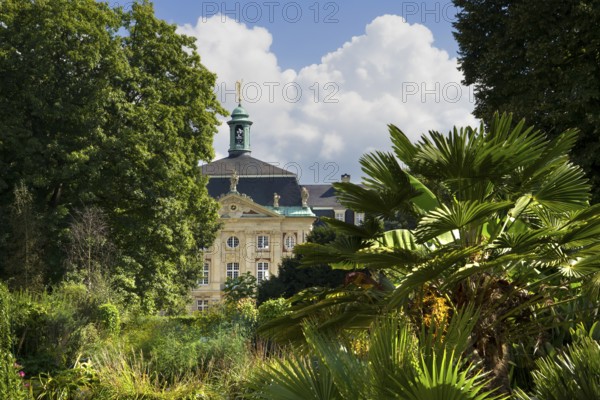 View from the exotical jungle of the botanical garden to the Prince Bishop's Castle, Fürstbischöflichen Schloss, Münster, North Rhine-Westphalia, Germany
