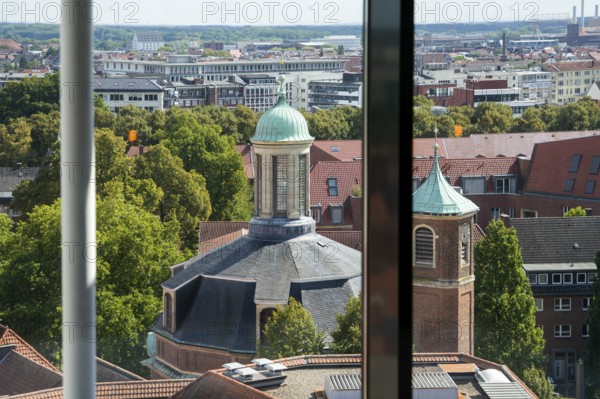 Baroque Clemenskirche church built by Johann Conrad Schlaun, aerial view from Café lounge 1648, Münster, North Rhine-Westphalia, Germany
