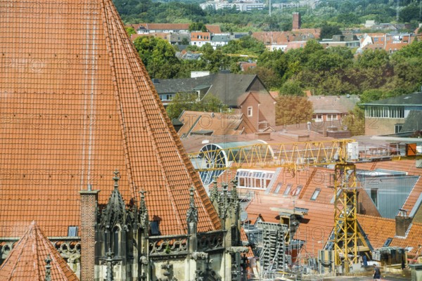 Aerial view, construction site near Sankt Lamberti, St Lambert's Catholic Church, Münster, North Rhine-Westphalia, Germany