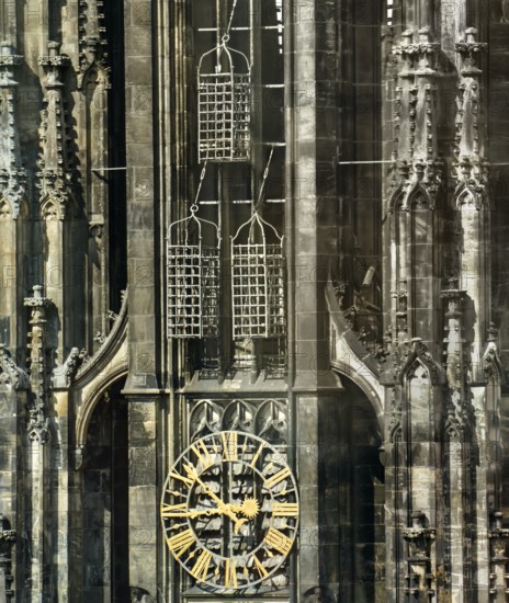 The cages from the radical anabaptist Münster rebellion in 1535, tower of Sankt Lamberti, St Lambert's Catholic Church, Münster, North Rhine-Westphalia, Germany