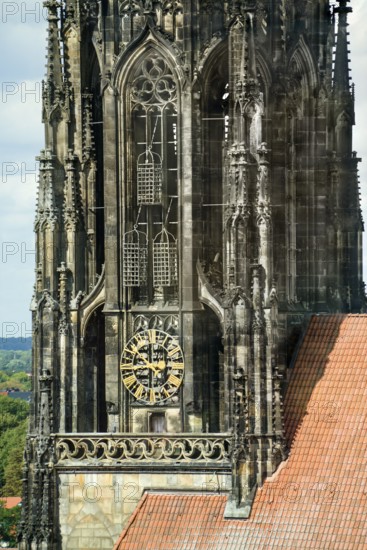 The cages from the radical anabaptist Münster rebellion in 1535, tower of Sankt Lamberti, St Lambert's Catholic Church, Münster, North Rhine-Westphalia, Germany