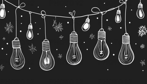 Black And White Christmas Lights String Art: Winter Holiday Garland Decoration With Light Bulb Doodle And Monochrome Pattern For Birthday Party, AI generated
