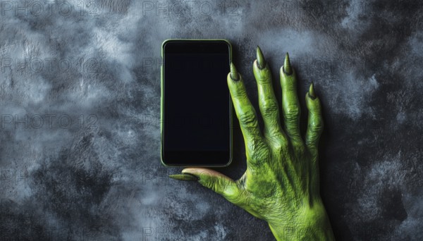 Green Monster Hand Holding Smartphone With Empty Space On Grey Background: Halloween, Tradition, And Celebration Captured In Vertical Image, AI generated