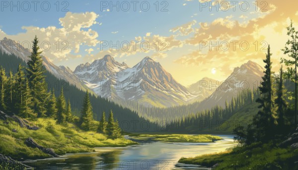 Scenic Mountain Valley Featuring Trees, Rivers, Sun, And Beautiful Landscapes: An Idyllic Natural Setting For Relaxation And Exploration, AI generated