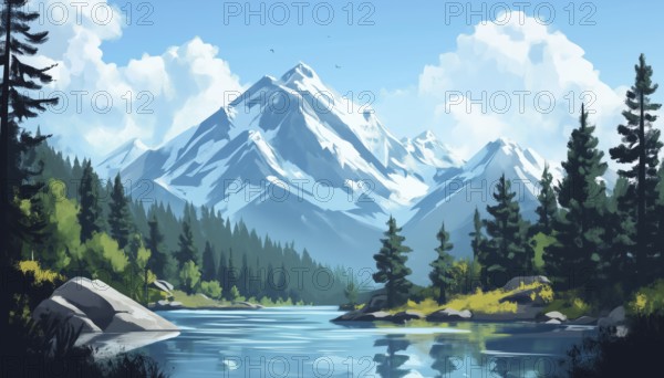 Scenic Mountain And Lake View In A4 Size Illustration. Panoramic Landscape With Mountain And Lake Captured In Artistic Detail, AI generated