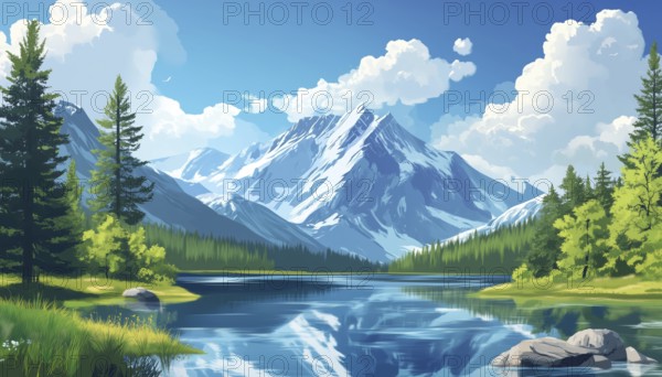 Scenic Mountain And Lake Scene In A4 Size. Featuring Detailed Illustrations Of A Landscape With Picturesque Mountainous Terrain And Water Views, AI generated