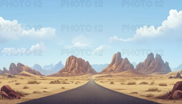 Majestic Peaks And Boulders In A Barren Desert Setting: A Desert Road Cutting Through The Vast Empty Expanse Of Sand, AI generated