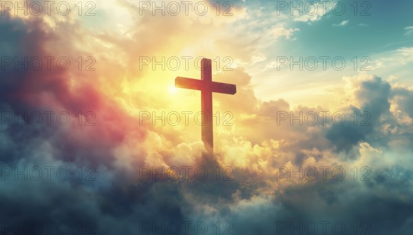 Ascension Day With Cross Against Sky: A Digital Composite Celebrating The Christian Holiday Of Ascension Day. Capture The Spirituality And Tradition Of Christianity With A Cross Symbol, AI generated