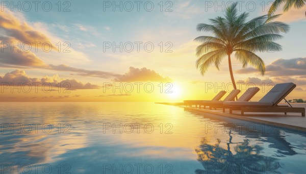 Luxurious Poolside And Sunny Sky: Stunning Tropical Beachscape With Deck Chairs, Loungers, And Palm Tree Reflections, Embracing Luxury Summer Beach Vibes, AI generated