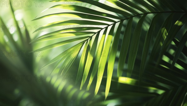 Exotic Abstract Natural Green Lush Tropical Palm Leaf Closeup With Shadows In Dark Tone - Inspirational Summer Foliage Wallpaper For Relaxation, AI generated