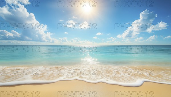 Inspirational Nature Landscape: Stunning Tropical Beach Scenery With Sea, Sand, Sky, Sun, Clouds, And Horizontal Horizon For A Summer Vacation Getaway, AI generated