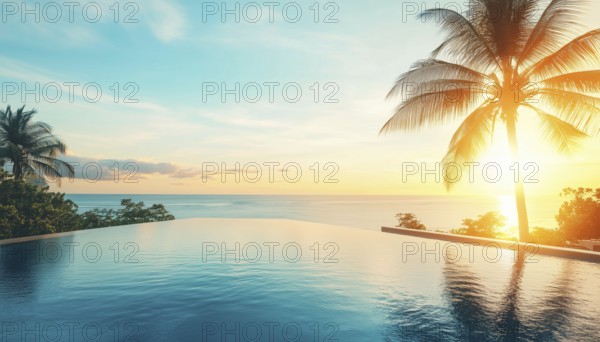 Luxurious Outdoor Infinity Pool Swimming At Beachfront Hotel Resort With Tropical Landscape And Tranquil Beach Vacation Experience With Palm Trees, AI generated