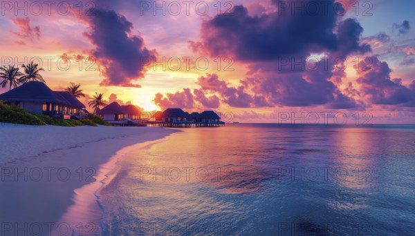 Luxurious Sun Panorama In The Maldives: Resort Villas With Soft Led Lights, Twilight Sky, And Clouds For A Beautiful Vacation Holiday On The Beach, AI generated