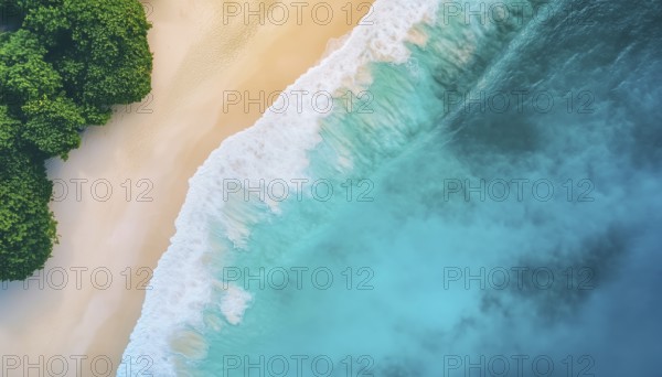 Soothing Aerial Beach Scene For A Summer Vacation Getaway: Stunning Blue Ocean View, Peaceful Shoreline, Perfect Top-Down Drone Perspective, AI generated