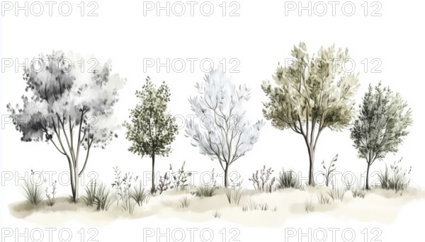 Hand-Drawn Graphic Forest: A Composition Of Various Trees, Shrubs, And Grass Sketched On A White Background. Nature'S Beautiful Sketch, AI generated