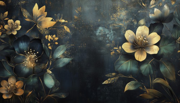 Luxurious Gold And Black Floral Wall Art With Dark Blue And Green Accents, Shiny Golden Light, Modern Art Mural Wallpaper, AI generated