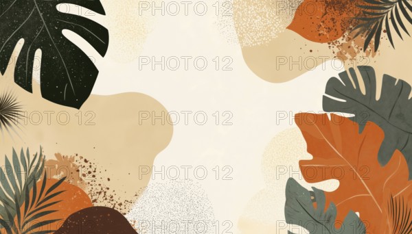 Creative Social Media Templates With Abstract Shapes, Arts, And Tropical Leaves In Warm Earth Tones. Copy Space For Stories And Posts With Images, AI generated
