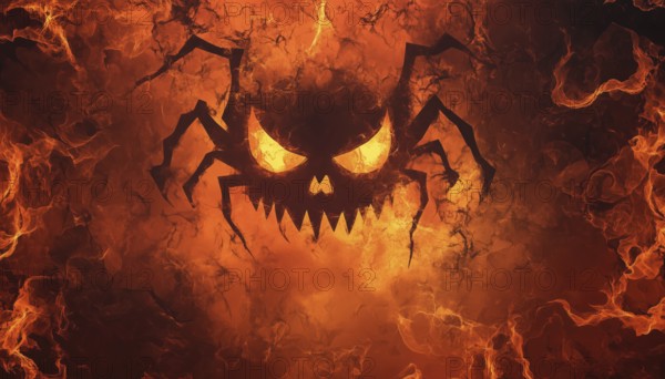 Spooky Halloween Design: Chaotic Spider Pattern, Gloomy Lighting, Pumpkin Faces, Ghosts, Mask Symbols, Emojis. Perfect For Holidays, Presentations, And Advertising, AI generated