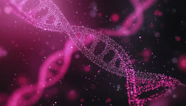 Genetics, Biotechnology, Molecular, Biology: Dna Strand And Particles Image On Pink And Black Background For Science Research Exploration, AI generated