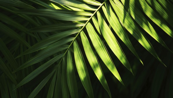 Tropical Palm Leaf And Shadows: Exotic Abstract Green Lush In Dark Tone With Sunshine Garden Park Plant Summer Foliage Panoramic Wallpaper. Inspiring Relaxing Nature, AI generated