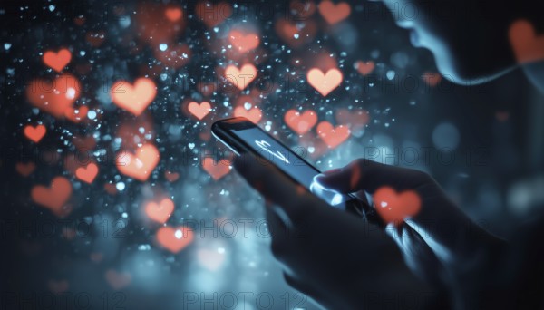 Caucasian Using Smartphone Surrounded By Multiple Floating Hearts With Increasing Numbers In A Tech-Savvy Social Media Networking Scene, AI generated