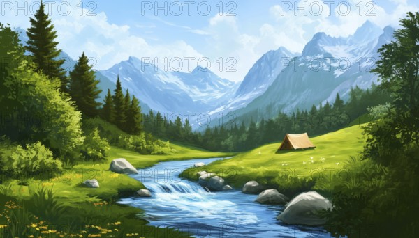 Scenic River Stream Meandering Through Mountain Landscape With Charming Campsite On Vibrant Green Meadow, AI generated