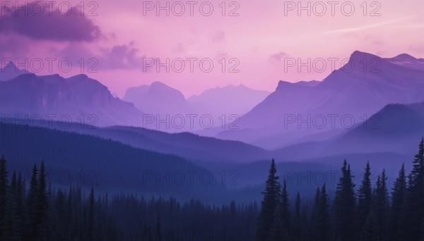Exploring The Majestic Beauty Of Violet Skies And The Expansive Mountain Terrain Covered In Lush Tree Growth And Forests, AI generated