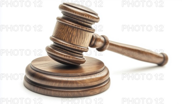 Wooden Auction Hammer With Stand For Legal Use And Adjudication In White Background. Symbol Of Law, Justice, And Authority, AI generated