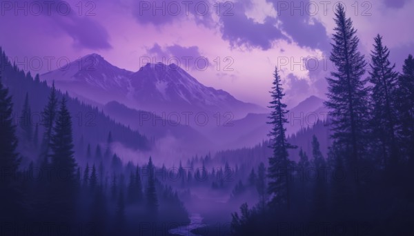 Exploring The Beauty Of Violet Skies And The Sprawling Mountain Landscapes With Lush Trees And Dense Forests, AI generated