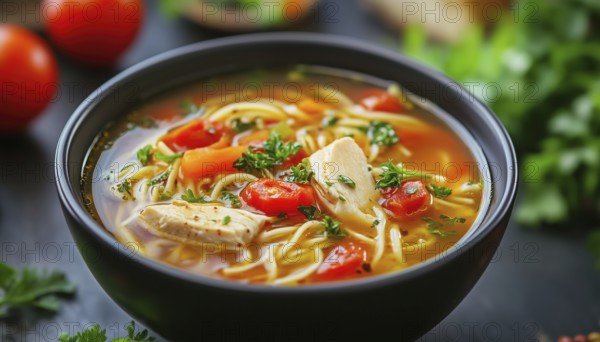 Turkish Chicken Noodle Soup With Tomato: Domatesli Tavuklu Sehriye Corbasi - A Traditional And Delicious Dish From Turkey, AI generated