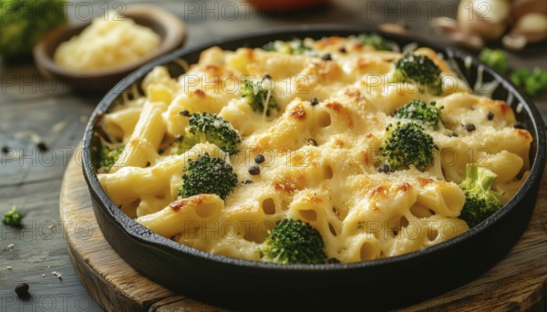 Cheesy Baked Penne Pasta With Broccoli And Chicken, Topped With Gratin Sauce: A Delicious Combination Of Flavors And Ingredients, AI generated