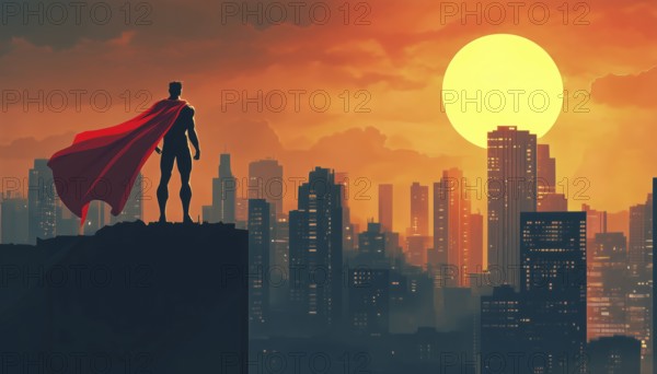 Superhero Keeping Watch Over City With No Transparency And Utilizing Simple Ar Gradients. A Vigilant Protector Soaring Through The Night, AI generated