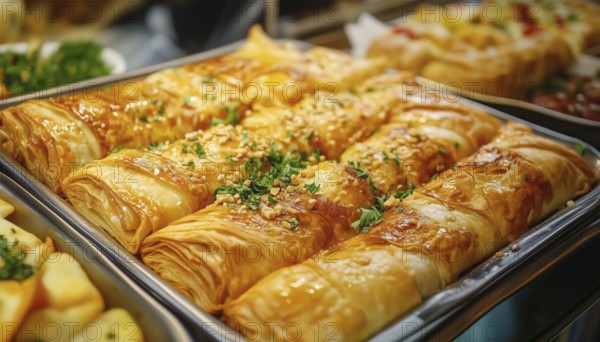 Delightful Turkish Cuisine: Su Boregi - A Savory Tray Pastry. Enjoy This Traditional Dish Bursting With Flavor And Flaky Layers, AI generated