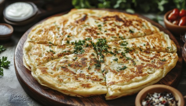 Authentic Turkish Cuisine: Crispy Gozleme With Cheese And Herbs, A Traditional Turkish Pancake Delight With Savory Flavors. Enjoy The Flavors!, AI generated