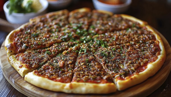 Traditional Turkish Cuisine: Indulge In The Delightful Flavors Of Turkish Pizza, Also Known As Lahmacun. Experience The Authentic Taste Of Turkey, AI generated