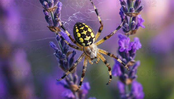 Close-Up Of Yellow And Black Orb Spider, Also Known As Argiope Bruennichi, Captured On Lavender Flowers With Fly In View, AI generated
