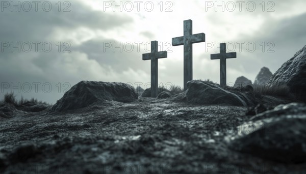 Three Crosses On A Gray Background Representing Calvary. The Crosses Are Illuminated By Light, With A Calvary Sign In The Foreground, AI generated