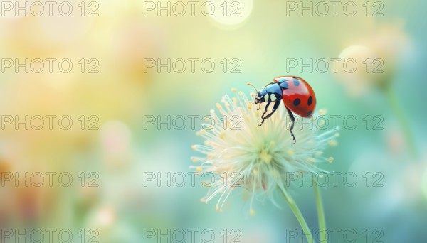 Gorgeous Ladybug Perched On Unique Fluffy Flower Plant In Natural Summer Spring Setting: Stunning Macro Photography With Soft Focus And Pastel Toning, AI generated
