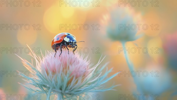 Ladybug Perched On Stunning Fluffy Unique Flower Plant In Summer Spring Nature Macro: Soft Focus, Artistic Image With Pastel Tones, AI generated