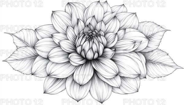 Exquisite Monochrome Black And White Dahlia Flower With Hand-Drawn Contour For Special Occasions Like Weddings, Birthdays, And Mother'S Day. Perfect For Greeting Cards, AI generated