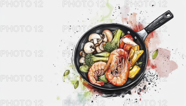 Hand Drawn Wok Pan With Plate Of Vegetables, Mushrooms, And Seafood. Clipart Of Frying Pan With Stylized Lettering And Ink Drops, For Asian Food Cooking Poster Element, AI generated