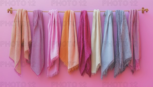 Variety Of Hanging Scarves Stylishly Displayed On A Pink Wall. Unique Ways To Decorate Using Scarves For Aesthetically Pleasing Decor, AI generated